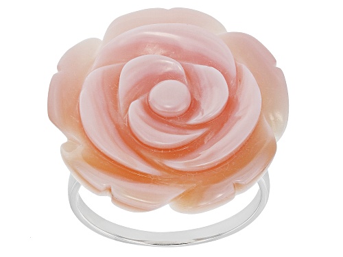 Pre-Owned Pacific Style™ 25mm Flower Carved Pink Conch Shell Rhodium Over Sterling Silver Ring - Size 12