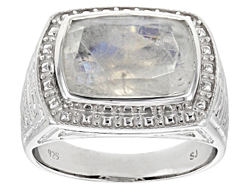 Pre-Owned 14x10mm Rectangular Cushion Rainbow Moonstone Rhodium Over Sterling Silver Men's Ring - Size 12