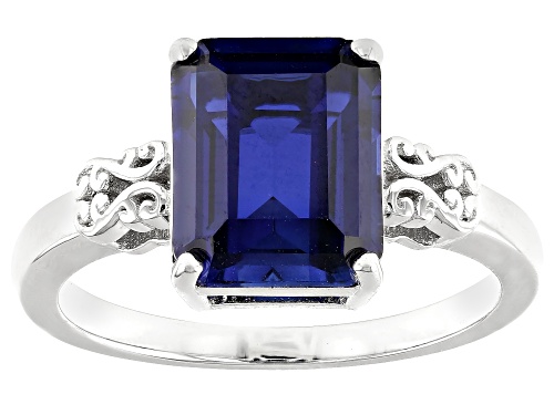 Pre-Owned 3.43ct Rectangular Octagonal Lab Created Blue Sapphire Rhodium Over Sterling Silver Ring - Size 9