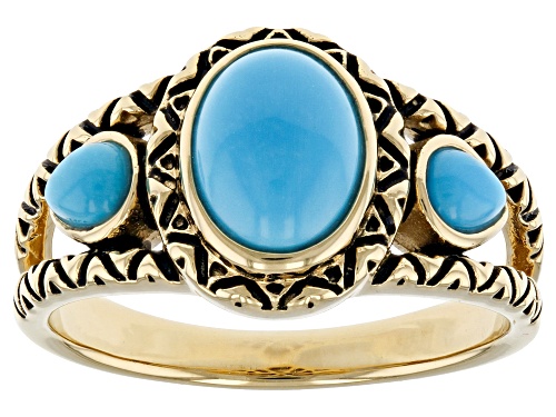 Pre-Owned Southwest Style By JTV™ Sleeping Beauty Turquoise 18k Yellow Gold Over Silver 3-Stone Ring - Size 11