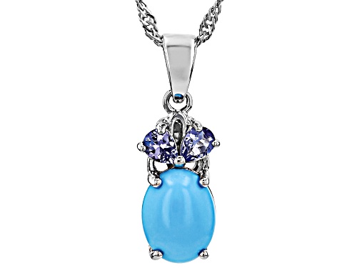Pre-Owned 9x7mm Oval Sleeping Beauty Turquoise With .29ctw Tanzanite Rhodium Over Silver Pendant Cha