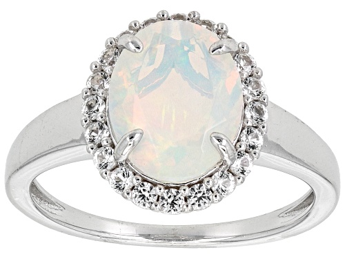 Pre-Owned 1.36ct Ethiopian Opal with 0.33ctw Lab Created White Sapphire Rhodium Over Sterling Silver - Size 8