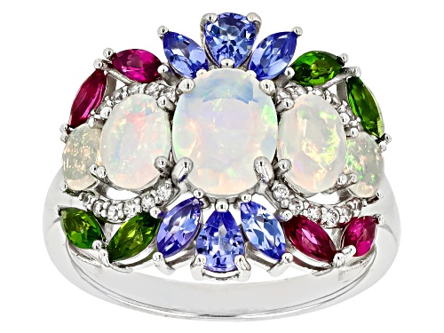 Pre-Owned 1.37ctw Oval Ethiopian Opal With 1.31ctw Multi-Gem Rhodium Over Sterling Silver Ring - Size 9