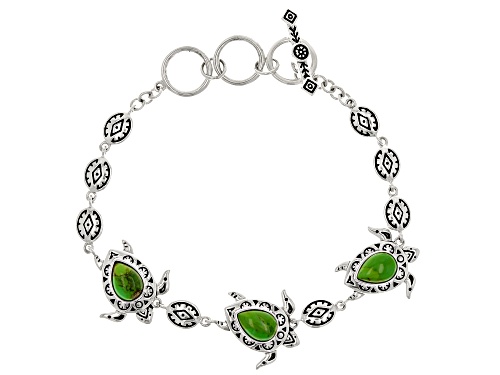 Pre-Owned Southwest Style by JTV™ Green Turquoise Sterling Silver Turtle Bracelet - Size 7.25