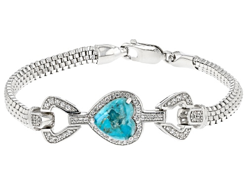 Pre-Owned 10mm Heart Shape Turquoise With 0.67ctw White Zircon Rhodium Over Sterling Silver Bracelet - Size 8