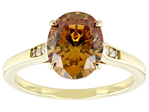 Pre-Owned 3.60ct Strontium Titanate & 0.05ctw Moissanite 18k Yellow Gold Over Sterling Silver Ring - Size 7