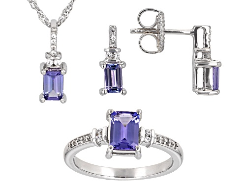 Pre-Owned 1.57ctw Tanzanite With 0.13ctw White Zircon Platinum Over Silver Ring, Earrings, & Pendant