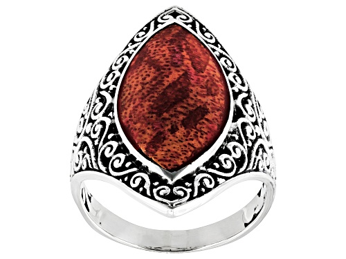 Pre-Owned Artisan Collection of Bali™ 18x10mm Red Indonesian Coral Sterling Silver Ring - Size 10