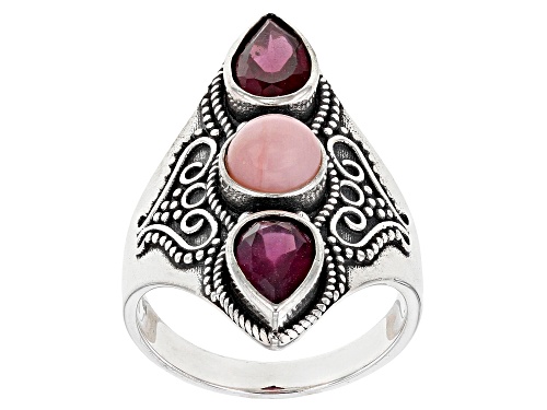 Pre-Owned 6mm Round Pink Opal with 1.75ctw Raspberry Rhodolite Sterling Silver Ring - Size 7