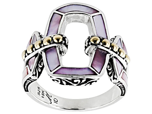 Pre-Owned Artisan Collection of Bali™ Pink Mother-of-Pearl Sterling Silver & 18K Gold Open Design Ri - Size 8