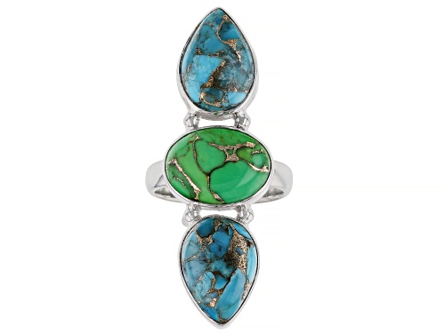 Pre-Owned Multi-Color Turquoise Sterling Silver 3-Stone Ring - Size 6