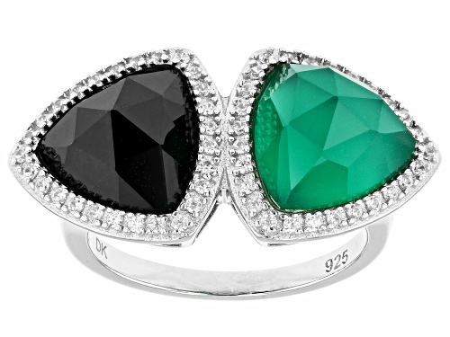 Pre-Owned 2.75ct Green Onyx, 3.00ct Black Spinel And 0.23ctw White Zircon Rhodium Over Sterling Silv - Size 6