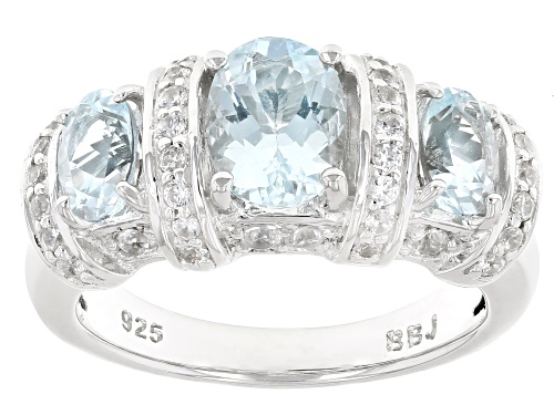 Pre-Owned 1.64ctw Oval Aquamarine With 0.62ctw Round White Zircon Rhodium Over Sterling Silver Ring - Size 7
