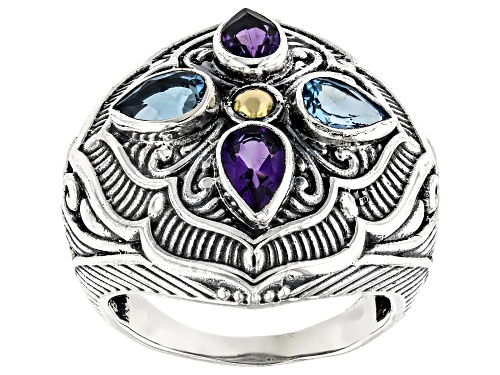 Pre-Owned Artisan Collection of Bali™ Amethyst & Swiss Blue Topaz Sterling Silver & 18K Gold Accent - Size 7