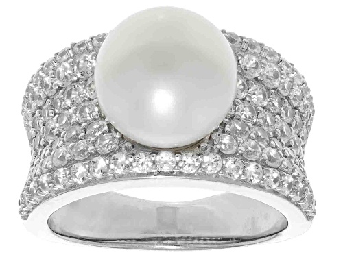 Pre-Owned 10-10.5mm White Cultured Freshwater Pearl and White Zircon Rhodium Over Sterling Silver Ri - Size 12