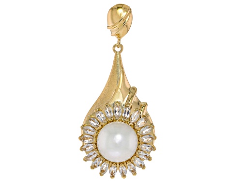 Pre-Owned 10mm White Cultured South Sea Pearl and White Topaz 18k Gold Over Sterling Silver Pendant