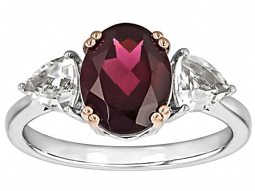 Pre-Owned 2.42ct Oval Rhodolite With 0.87ctw Trillion White Topaz Rhodium Over Sterling Silver Ring - Size 10