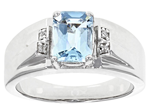 Pre-Owned 1.54ct Cushion Aquamarine With .02ctw Round White Zircon Rhodium Over Sterling Silver Gent - Size 12