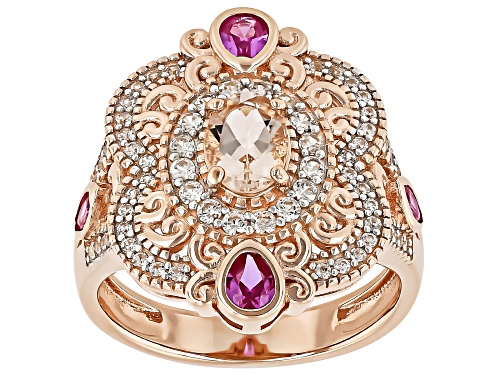 Pre-Owned 0.60ct Morganite, 0.30ctw Lab Sapphire, 0.56ctw White Zircon 18k Rose Gold Over Sterling S - Size 8