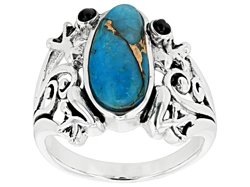 Pre-Owned 14x6mm Turquoise With 2mm Black Onyx Sterling Silver Frog Ring - Size 7