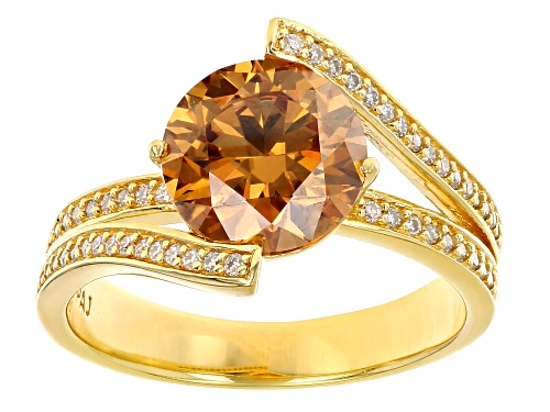 Pre-Owned MOISSANITE FIRE® AND CHAMPAGNE MOISSANITE 3.24CTW DEW ROUND 14K YELLOW GOLD OVER SILVER RI - Size 5
