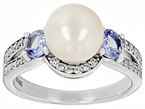 Pre-Owned 8mm White Cultured Freshwater Pearl With Tanzanite & White Zircon Rhodium Over Silver Ring - Size 12