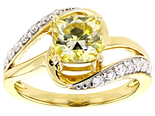 Pre-Owned MOISSANITE FIRE® & YELLOW MOISSANITE 2.12CTW DEW CUSHION 14K  YELLOW GOLD OVER SILVER RING - Size 11