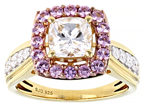 Pre-Owned MOISSANITE FIRE(R) 1.54CTW DEW AND NATURAL PINK SAPPHIRE 14K YELLOW GOLD OVER SILVER RING - Size 11