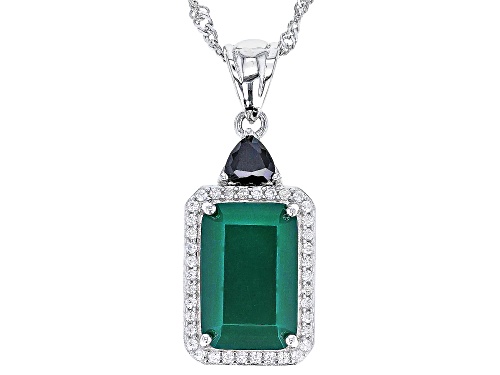 Pre-Owned 2.98ct Green Onyx with 0.21ct Black Spinel & 0.20ctw White Zircon Rhodium Over Silver Pend