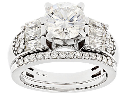 Pre-Owned Moissanite Fire® 2.66ctw DEW Round And Baguette Platineve® Ring With Band - Size 7
