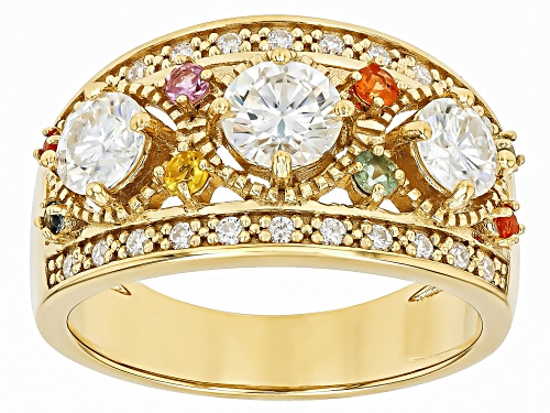Pre-Owned MOISSANITE FIRE® 1.38CTW DEW AND MULTI COLOR SAPPHIRE 14K YELLOW GOLD OVER SILVER RING - Size 6