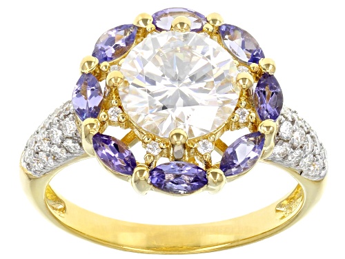 Pre-Owned MOISSANITE FIRE(R) 2.30CTW DEW ROUND & MARQUISE TANZANITE 14K YELLOW GOLD OVER SILVER RING - Size 7