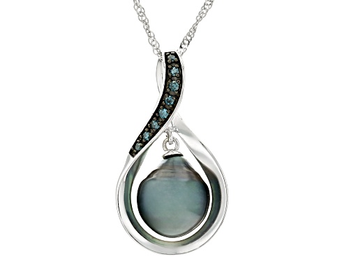 Pre-Owned 8mm Black Cultured Tahitian Pearl and Blue Diamond Accent Rhodium Over 14k Gold Pendant wi