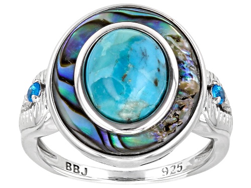 Pre-Owned 10x8mm Composite Turquoise with Abalone Shell and .03ctw Neon Apatite Rhodium Over Silver - Size 7
