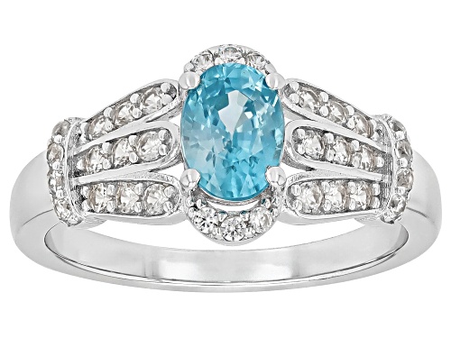 Pre-Owned 1.12ct Oval Blue Zircon With .45ctw Round White Zircon Rhodium Over Sterling Silver Ring - Size 9