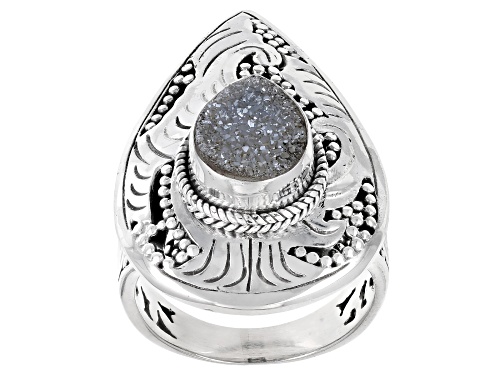 Pre-Owned Artisan Collection of Bali™ 10x8mm White Drusy Quartz Sterling Silver Ring - Size 6