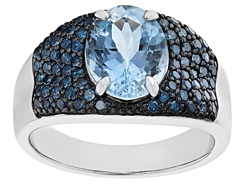 Pre-Owned 1.96ct Aquamarine And 0.60ctw Blue Diamond Rhodium Over Sterling Silver Ring - Size 6