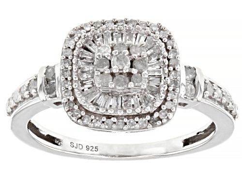 Pre-Owned 0.55ctw Round And Baguette White Diamond Rhodium Over Sterling Silver Halo Ring - Size 5