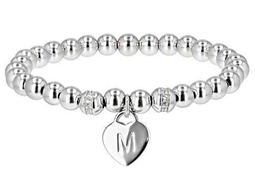 Pre-Owned .14ctw Round White Zircon Rhodium Over Sterling Silver Stretch Bead "M" Children's Bracele - Size 5