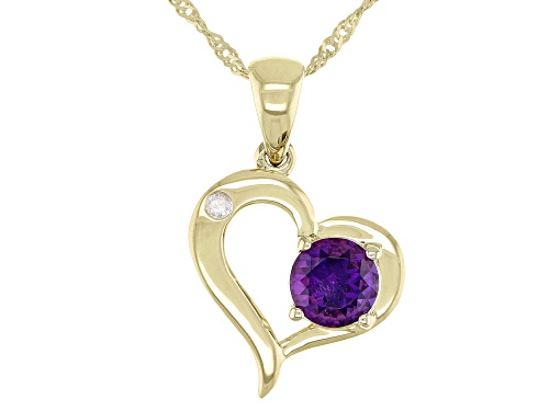 Pre-Owned .38ct Round Amethyst With .01ct Round White Diamond 10k Yellow Gold Heart Pendant With Cha