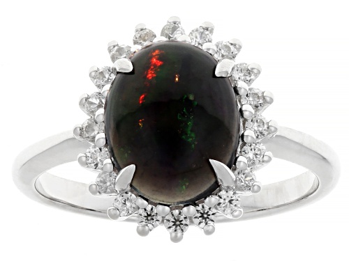 Pre-Owned 10x8mm Black Ethiopian Opal with 0.28ctw White Zircon Rhodium Over Sterling Silver Ring - Size 7