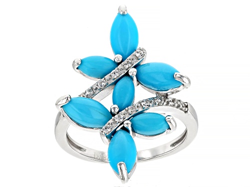 Pre-Owned 8x4mm And 6x3mm Cabochon Sleeping Beauty Turquoise Rhodium Over Sterling Silver Ring - Size 6
