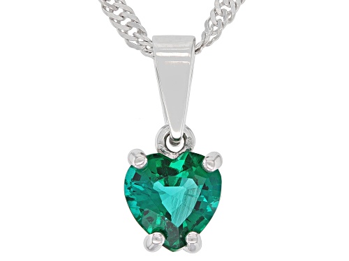 Pre-Owned Green Lab Created Emerald Rhodium Over Sterling Silver Children's Pendant Chain 0.55ct