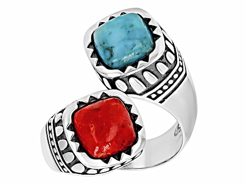 Pre-Owned Southwest Style By JTV™ 8mm Turquoise & 8mm Coral Sterling Silver Bypass Ring - Size 7