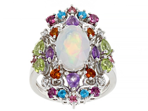 Pre-Owned 3.83ctw Ethiopian Opal and Multi-Stone Platinum Over Sterling Silver Ring - Size 7