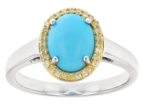 Pre-Owned 9x7mm Oval Sleeping Beauty Turquoise with 0.10ctw Yellow Diamond Rhodium Over Sterling Sil - Size 7