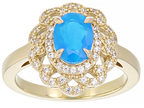 Pre-Owned 0.65ct Paraiba Blue Opal With 0.30ctw Round White Zircon 18k Yellow Gold Over Sterling Sil - Size 10