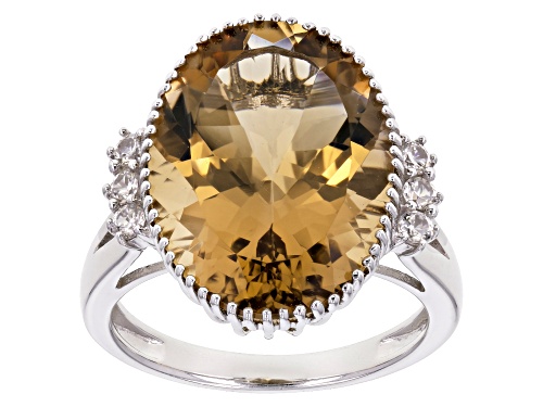 Pre-Owned 9.35ct oval champagne quartz with .30ctw white zircon rhodium over sterling silver ring - Size 6