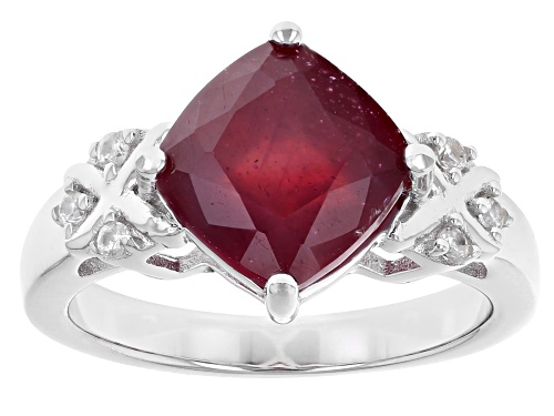 Pre-Owned 3.40ct Cushion Mahaleo® Ruby With .10ctw White Zircon Rhodium Over Sterling Silver Ring - Size 6