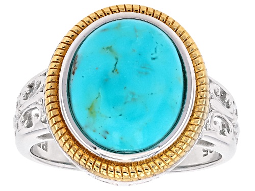 Pre-Owned 12x10mm Turquoise Rhodium and 18K Yellow Gold Over Sterling Silver Solitaire Ring - Size 6